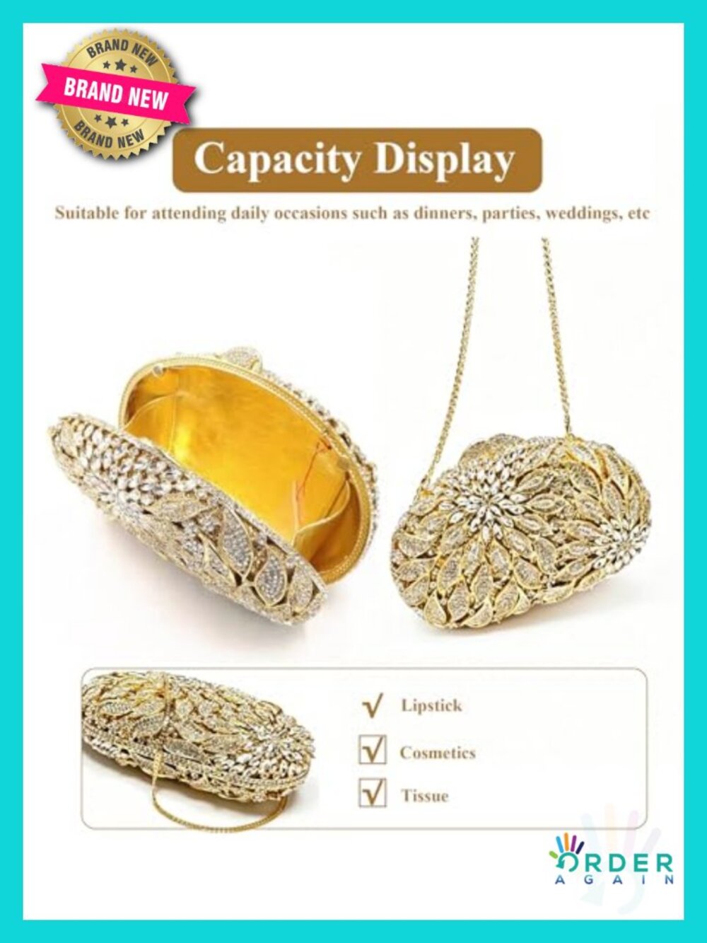 Luxury Handcrafted Rhinestone Clutch Purse Evening Bag Crystal Bridal Prom - Picture 4 of 6